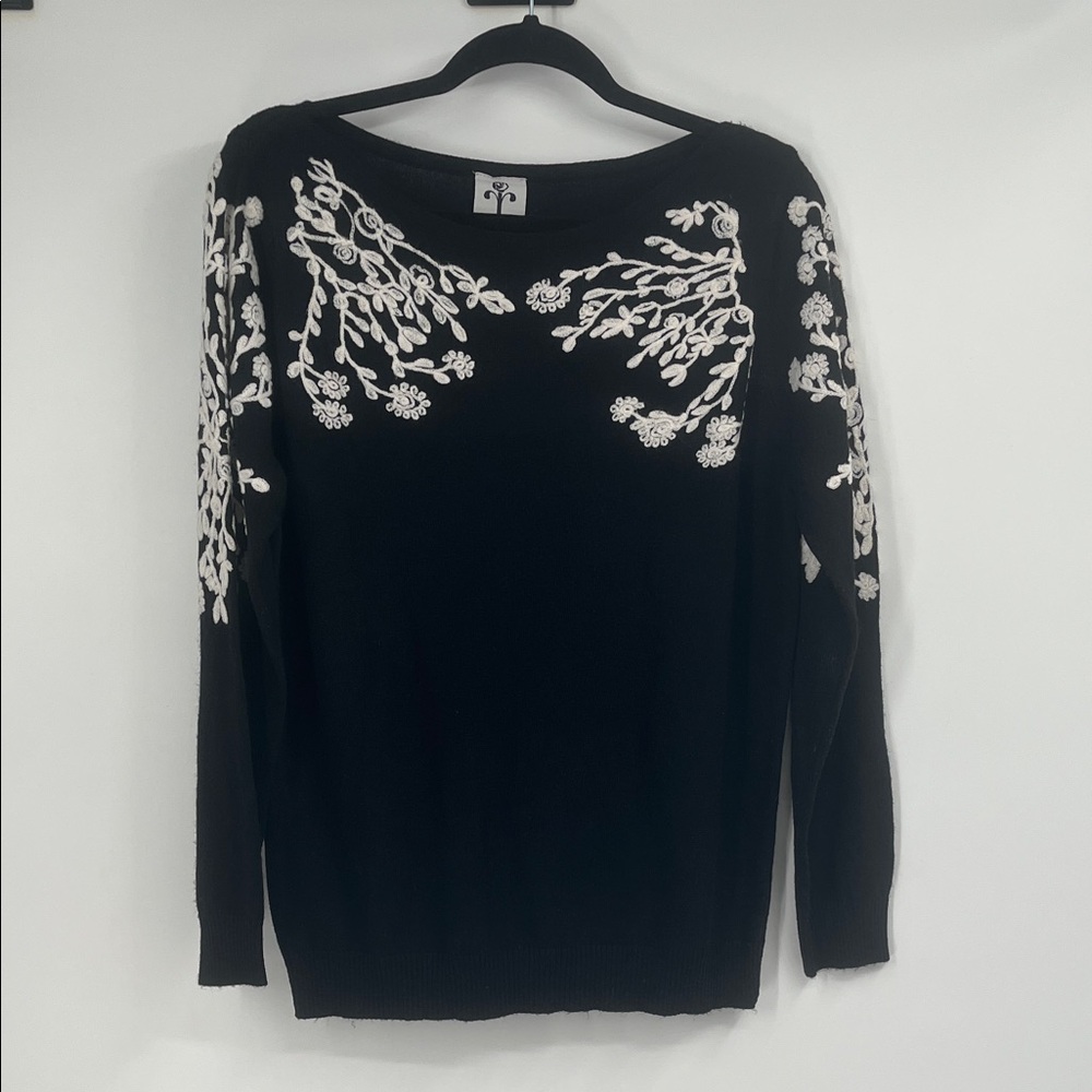 Rain + Rose Black Knit Sweater with White Floral Embroidery Medium